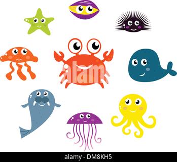 Sea creatures and animals vector icons isolated on white Stock Vector