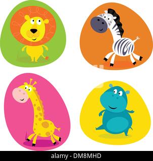 Cute safari animals set - lion, zebra, giraffe and hippo Stock Vector