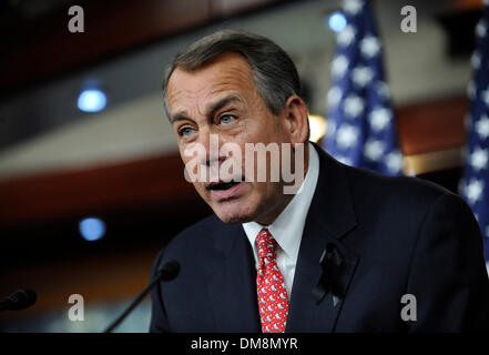 Washington DC, USA. 12th Dec, 2013. U.S. Speaker of the House John Boehner (R-OH) speaks to reporters during a press about the budget deal and other issues on Capitol Hill in Washington DC, capital of the United States, Dec. 12, 2013. Credit:  Zhang Jun/Xinhua/Alamy Live News Stock Photo