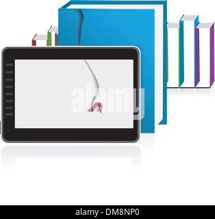 E-book reader with stack of books on white Stock Vector