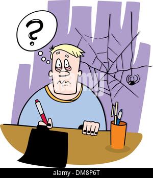Cartoon illustration of school boy trying to write homework composition ...