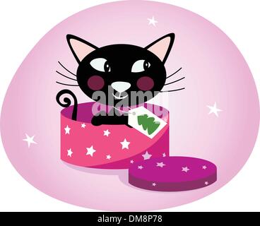 Black Christmas kitten in a pink gift box Stock Vector