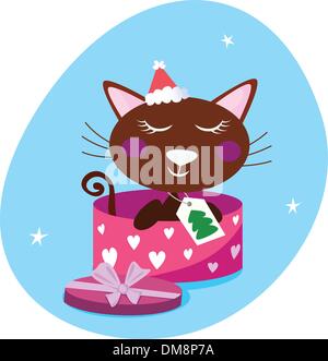 Brown christmas cat in pink gift box Stock Vector