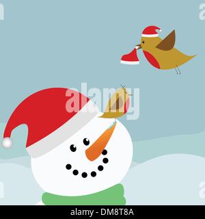 Birds and snowman with Santa hats Stock Vector