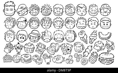 Cartoon face and foodstuff icons in black and white Stock Vector