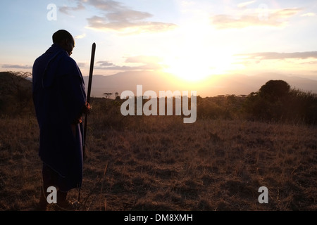 Silhouetted Maasai warrior holding a spear at the plains of the Ngorongoro Conservation Area in the Crater Highlands area of Tanzania Eastern Africa Stock Photo