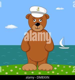 Teddy bear captain on sea coast Stock Vector