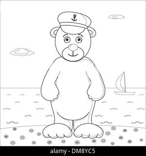 Teddy bear captain on sea coast, contour Stock Vector