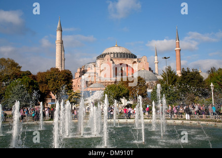 view on Haghia Sophia through fountain on Sultanahmet square Stock Photo