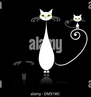 Family cats, mother with children, white cat with green eyes on black Stock Vector