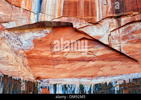 Colorful desert varnish on the sandstone walls near the Emerald Pools in Utah's Zion National Park. Stock Photo