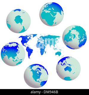 earth globes and world map against white Stock Vector