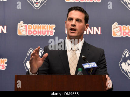 Storrs, CT, USA. 12th Dec, 2013. Thursday December 12, 2013: Bob Diaco talks to the media at a press conference to announce his hiring as the new UConn Huskies football coach at Shenkman Training Center in Storrs, CT. Bill Shettle / Cal Sport Media. Credit:  csm/Alamy Live News Stock Photo