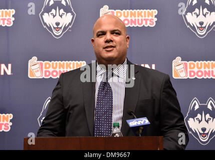 Storrs, CT, USA. 12th Dec, 2013. Thursday December 12, 2013: UConn Athletic director talks to the media at a press conference before introducing Bob Diaco as the new UConn Huskies football coach at the Shenkman Training Center in Storrs, CT. Bill Shettle / Cal Sport Media. Credit:  csm/Alamy Live News Stock Photo