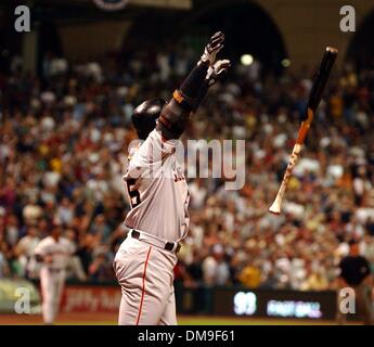 San Francisco Giant Barry Bonds became the second player in Major League Baseball history to hit 70 homeruns. Bonds hit at Wilfredo Rodriguez fastball deep into the rightfield stands in the top of the 9th inning Thursday night in the baseball game between the Giants and Astros at Enron Field in Houston, Texas. Sacramento Bee photograph by Jose Luis Villegas 10/03/01  /ZUMA Press Stock Photo