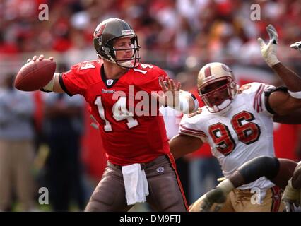 Tampa Bay Buccaneers' running back Michael Pittman (32) advances the ball  as fullback Mike Alstott (40) runs interference after a handoff from  quarterback Brad Johnson (14). The Denver Broncos beat the Tampa