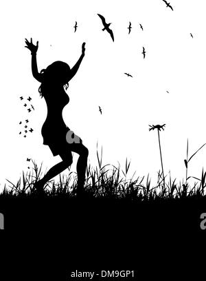 Young woman dancing on summer meadow Stock Vector