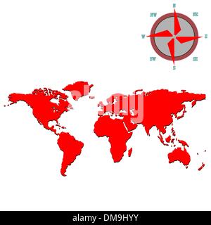 red world map with wind rose Stock Vector