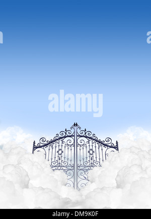 A depiction of the gates to heaven in the clouds shut under a clear blue sky background Stock Photo