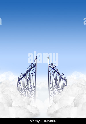 A depiction of the gates to heaven in the clouds open under a clear blue sky background Stock Photo