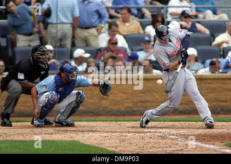 26 August 2009:   Cleveland Indians left fielder Matt LaPorta fouls the ball off the groin of Kansas City Royals catcher Miguel Olivo during the Indians 4-2 victory over the Royals at Kauffman Stadium in Kansas City, MO  (Credit Image: © Southcreek Global/ZUMApress.com) Stock Photo