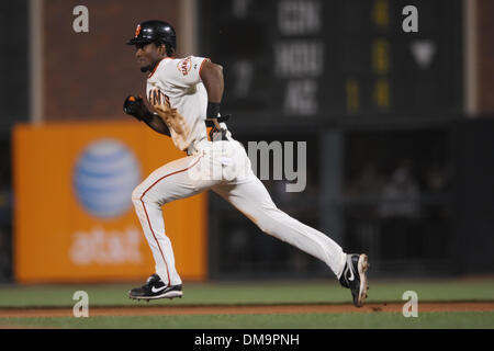 Yermin Mercedes (6) blows a kiss back to the dugout after reaching second  on a ball hit by Thairo Estrada (39) in the third inning as the San  Francisco Giants played the