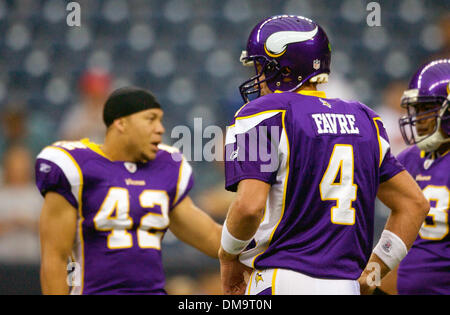 Brett Favre (#4) of the Minnesota Vikings and Adrian Peterson (#28) of the Minnesota  Vikings together. The Minnesota Vikings defeated the Houston Texans 17-10  at Reliant Stadium in Houston, TX. (Credit Image: ©