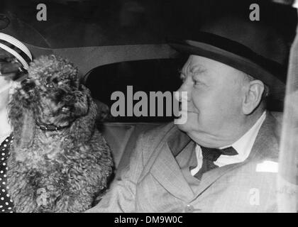 Aug. 12, 1953 - London, England, U.K. - SIR WINSTON CHURCHILL (1874-1965) was a British politician and statesman who served as Prime Minister of the United Kingdom. PICTURED: Churchill leaving No. 10 Downing Street after a visit with his pet poodle. (Credit Image: © KEYSTONE Pictures USA) Stock Photo