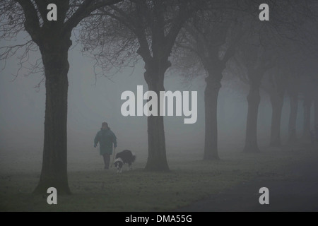 Autumn mist . People walk their dogs through Bellahouston Park, Glasgow, Scotland (Nov 25) as heavy fog hits the city. Stock Photo