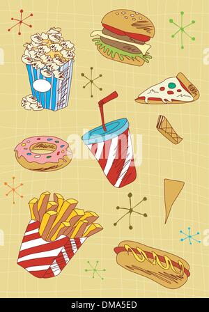Grunge fast food icons set Stock Vector