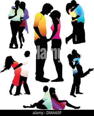 Set of happy love couple silhouettes. Stock Vector