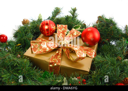 pezent under a Christmas tree on a white background Stock Photo