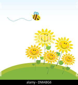 Cute yellow honey bee with group of flowers Stock Vector