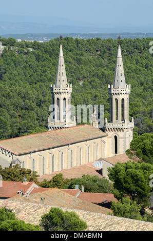 Church Spires of the Gothic Frigolet Abbey or Abbaye de St-Michel Frigolet near Tarascon Montagnette Provence France Stock Photo