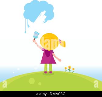 Little artist kid painting on the sky in spring nature Stock Vector