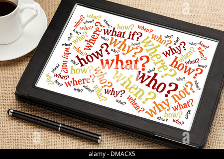 who, what, when, where, why, how questions - brainstorming concept - word cloud on a digital tablet with a cup of coffee Stock Photo