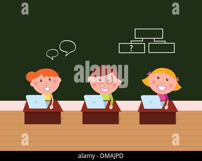 Children & school: Cute happy kids in classroom using Laptop Stock Vector