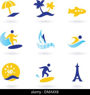 Retro summer, travel and water sports icons - blue and yellow Stock Vector