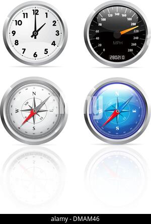 Clock, speedometer and compass set Stock Vector