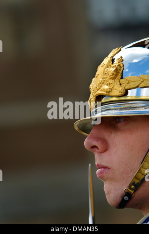 Profile of Royal Guard at Royal Palace located on Stadsholmen (city island) in Gamla Stan (old town), Stockholm, Sweden, Stock Photo