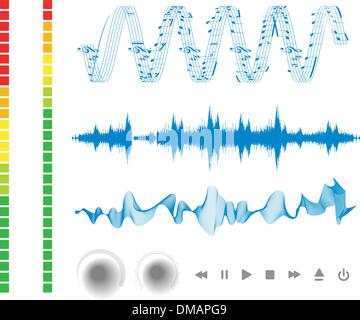 Notes, buttons and sound waves. Stock Vector