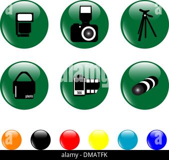 photo icon set objects green button Stock Vector