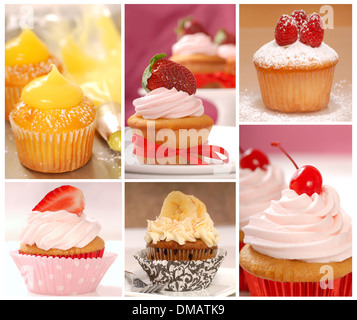 A collage of delicious cupcakes including lemon, strawberry, banana, raspberry and vanilla Stock Photo