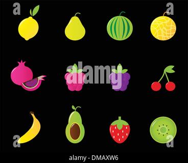 Fresh Fruit & berries icon set isolated on black Stock Vector