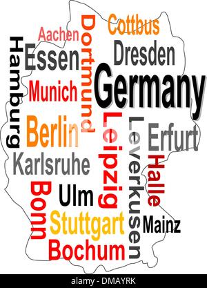 Germany map and words cloud with larger cities Stock Vector