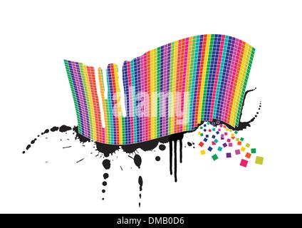 Rainbow wave full of colorful squares on an ink splatter design Stock Vector