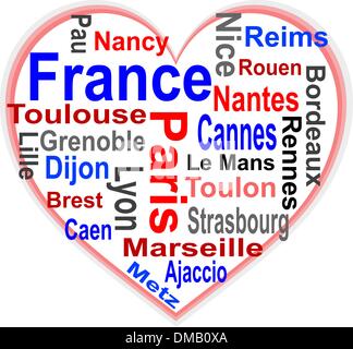 France Heart and words cloud with larger cities Stock Vector