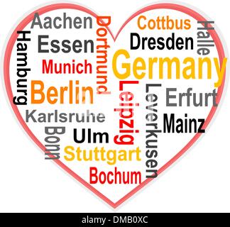 Germany Heart and words cloud with larger cities Stock Vector