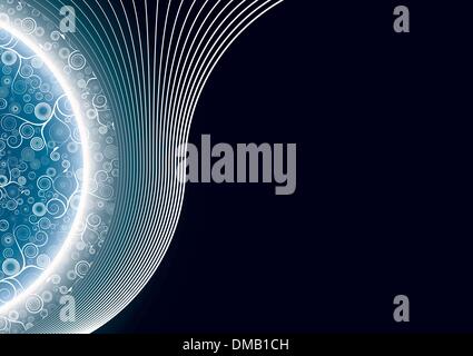 Horizontal blue spirals background with planet mesh and lined ar Stock Vector