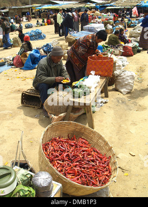 Hot chili peppers at the Saturday market,Thimphu,Bhutan Stock Photo